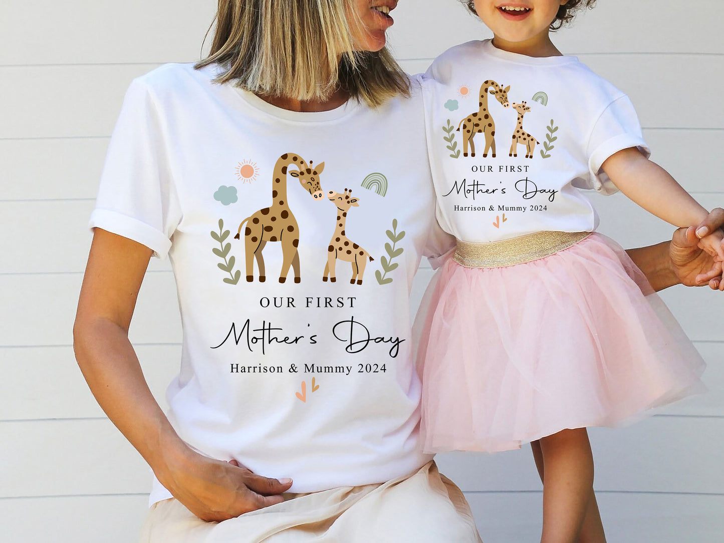 Our First Mother's Day Together Custom Names Baby Cute Giraffes Shirt Onesie Matching Gift Tee Set for Mother’s Day Photo Party