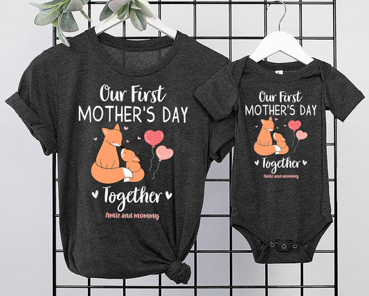 Our First Mother's Day Together Custom Baby and Mommy Names Shirt, Matching Gift Tee Set for Mother’s Day, Mama Bear gift, 1st Mothers Day