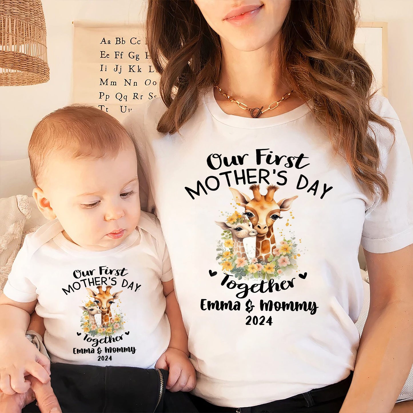 Our First Mother's Day Together Custom Names Baby Cute Giraffes Shirt Onesie Matching Gift Tee Set for Mother’s Day Photo Party gift
