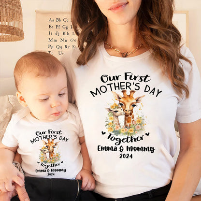 Our First Mother's Day Together Custom Names Baby Cute Giraffes Shirt Onesie Matching Gift Tee Set for Mother’s Day Photo Party gift