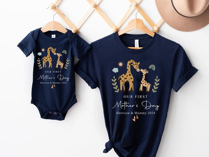 Our First Mother's Day Together Custom Names Baby Cute Giraffes Shirt Onesie Matching Gift Tee Set for Mother’s Day Photo Party
