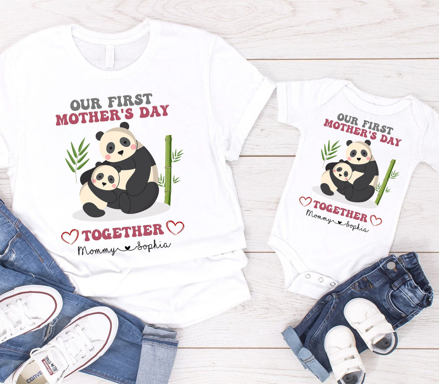 Vores første mors dag-t-shirt, første mors dag-gave, matchende mor-og-mig-skjorter, tilpasset mors-dags-skjorte, panda-mor-og-mig-skjorte
