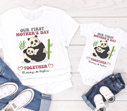 Vores første mors dag-t-shirt, første mors dag-gave, matchende mor-og-mig-skjorter, tilpasset mors-dags-skjorte, panda-mor-og-mig-skjorte