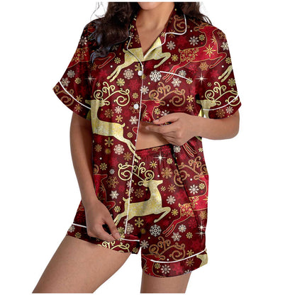 Pajamas for Women Set Ladies Christmas Checkered Printed Silk Satin Short Sleeve Button Red Women's Sleepwear M