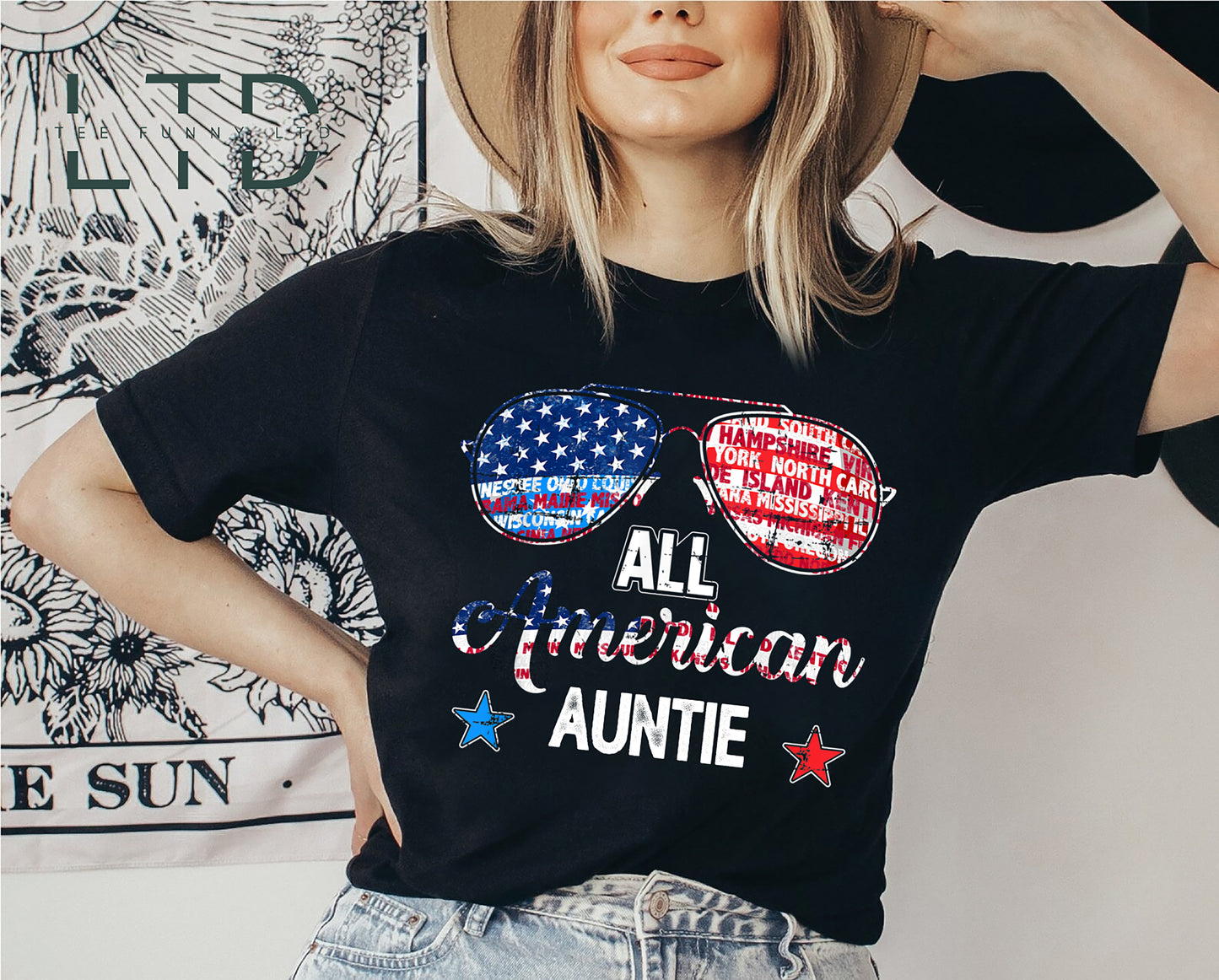 Personlig amerikansk tanteskjorte, retro 4. juli-skjorte, patriotisk tanteskjorte, uafhængighedsdag, skjortegave i 4. juli