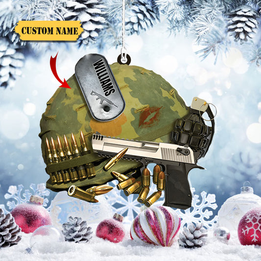 Personalized Army Helmet With Tag Hanging Ornament, Ornament For Christmas