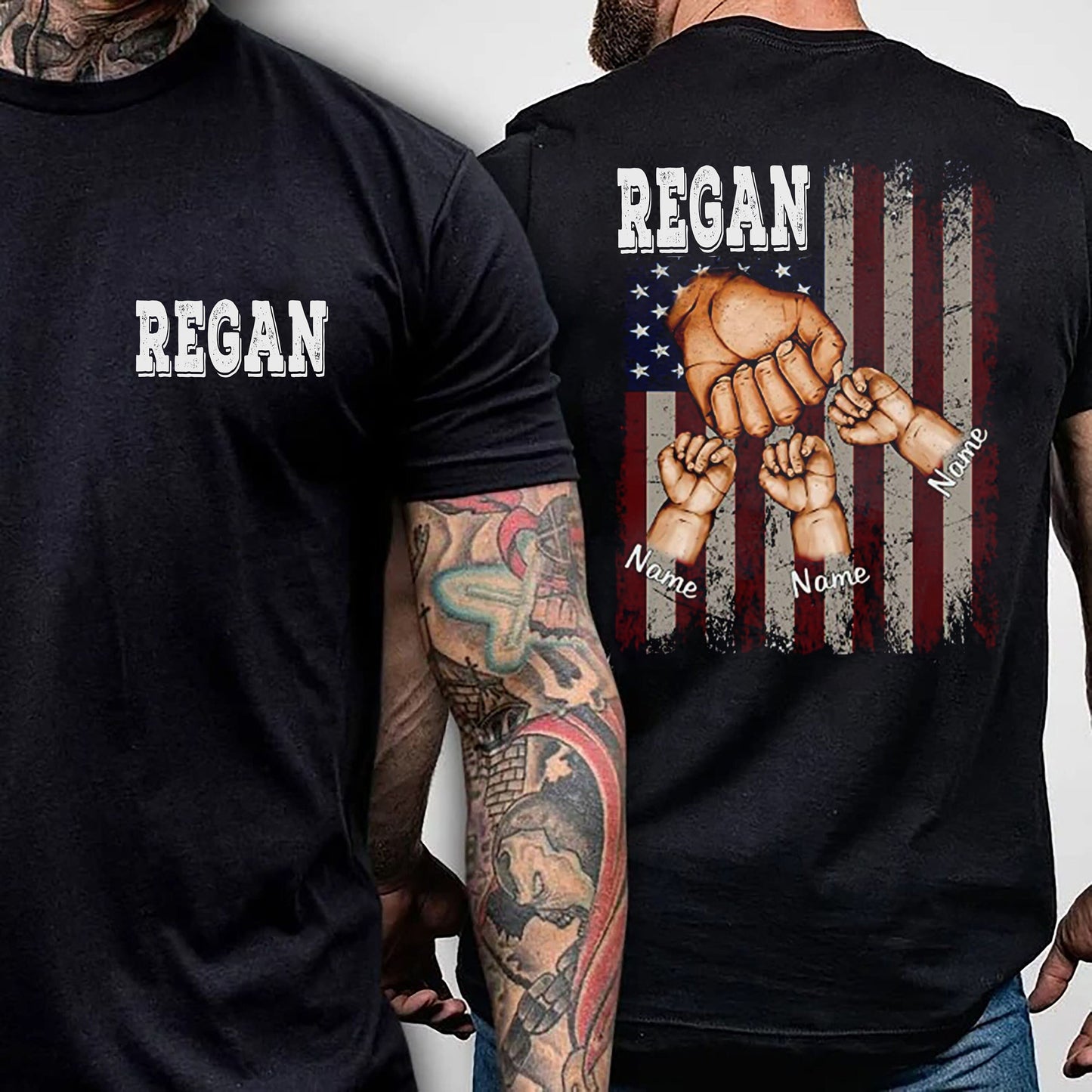Personlig far-t-shirt med løftet knytnæve, specialtilpasset børnenavnegave til far, bedste far nogensinde-skjorte, matchende far-t-shirt til børn, fars dag-t-shirt