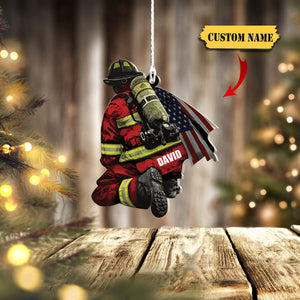 Personalized Firefighter and Fire Extinguisher Christmas Ornament for Fireman, US Flag Firefighter Ornament