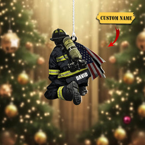 Personalized Firefighter and Fire Extinguisher Christmas Ornament for Fireman, US Flag Firefighter Ornament