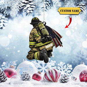 Personalized Firefighter and Fire Extinguisher Christmas Ornament for Fireman, US Flag Firefighter Ornament