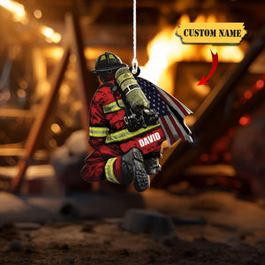 Personalized Firefighter and Fire Extinguisher Christmas Ornament for Fireman, US Flag Firefighter Ornament