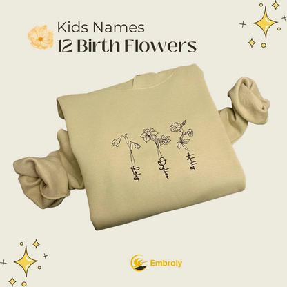 Personalized Birth Flower Mom Sweatshirt or Hoodie - Embroidered
