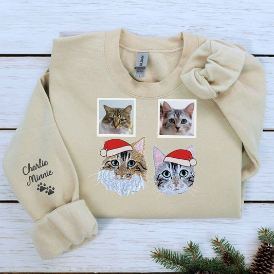 Personalized Cat Christmas Sweatshirt  Hoodie with Embroidered Photo,  Unique Cat Lover Gift