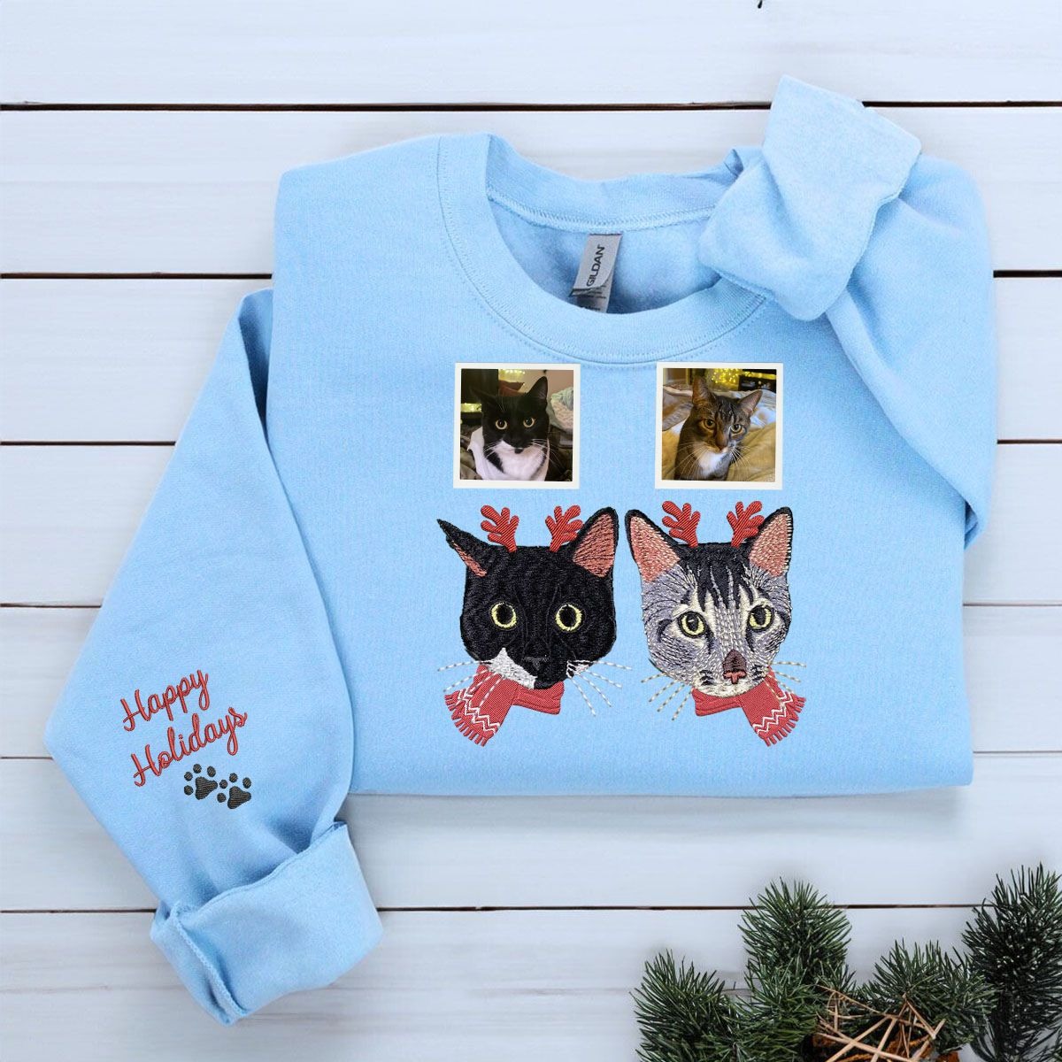 Personalized Cat Christmas Sweatshirt  Hoodie with Embroidered Photo,  Unique Cat Lover Gift