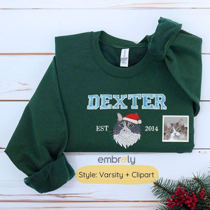Personalized Cat Christmas Sweatshirt  Hoodie with Embroidered Photo,  Unique Cat Lover Gift