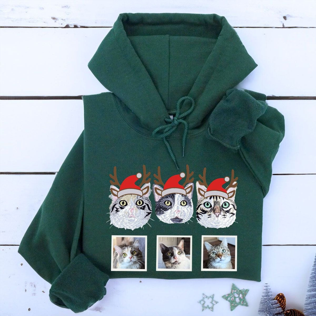 Personalized Cat Christmas Sweatshirt  Hoodie with Embroidered Photo,  Unique Cat Lover Gift