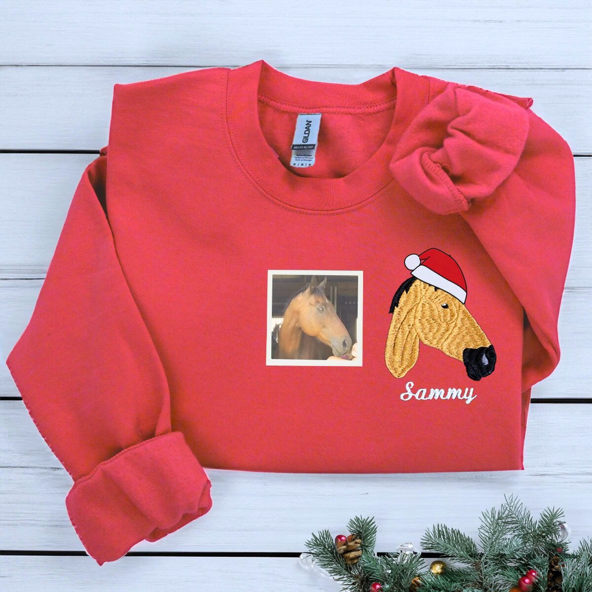 Personalized Horse Christmas Sweatshirt  Hoodie with Embroidered Photo, Unique Horse Lover Gift