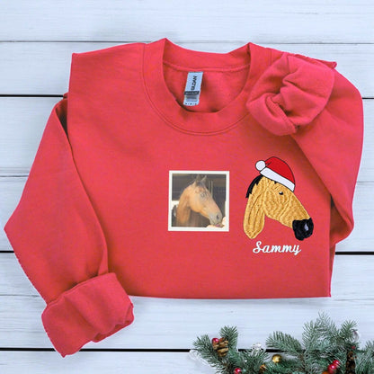 Personalized Horse Christmas Sweatshirt  Hoodie with Embroidered Photo, Unique Horse Lover Gift