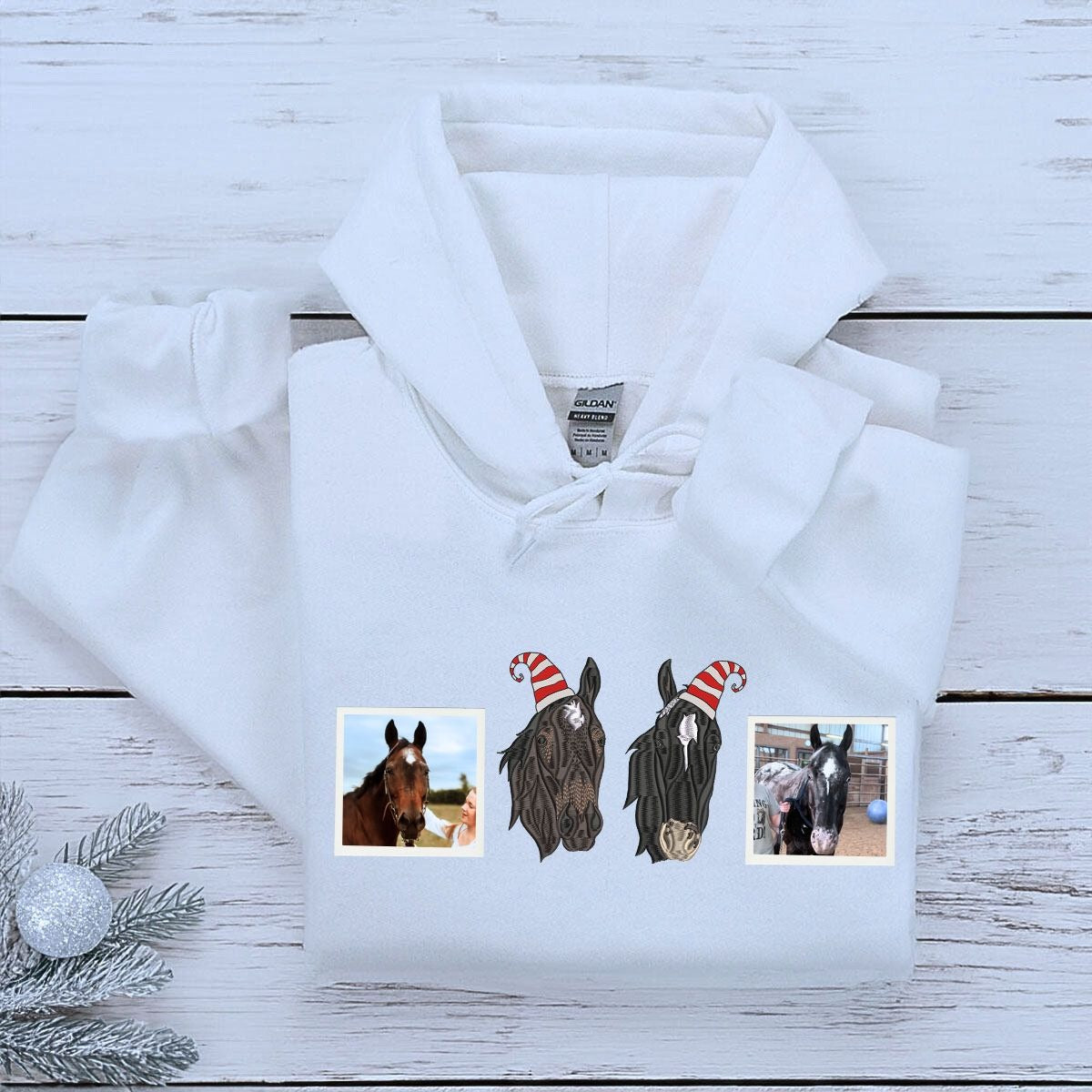 Personalized Horse Christmas Sweatshirt  Hoodie with Embroidered Photo, Unique Horse Lover Gift