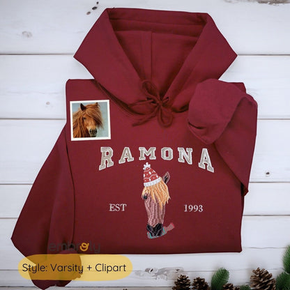 Personalized Horse Christmas Sweatshirt  Hoodie with Embroidered Photo, Unique Horse Lover Gift