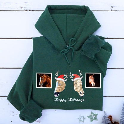 Personalized Horse Christmas Sweatshirt  Hoodie with Embroidered Photo, Unique Horse Lover Gift