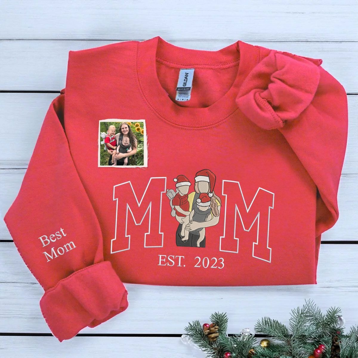 Personalized Mom Dad Christmas Sweatshirt  Hoodie with Embroidered Photo, Unique Gift for Mom and Dad