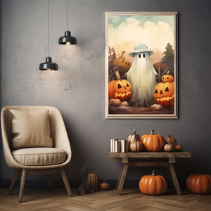 Ghost In The Pumpkin Patch Poster, Halloween Poster, Art Poster Print, Dark Academia, Gothic Retro, Halloween Decor, Cute Ghost Poster