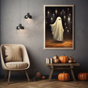 Ghost And Falling Stars Print Poster, Halloween Poster, Art Poster Print, Dark Academia, Gothic Retro, Halloween Decor, Cute Ghost Poster