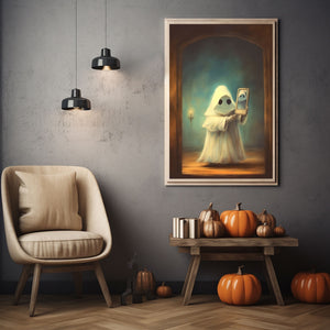 Ghost Holding A Smart Phone Print Poster, Halloween Poster, Art Poster Print, Dark Academia, Gothic Retro, Halloween Decor, Cute Ghost Poster