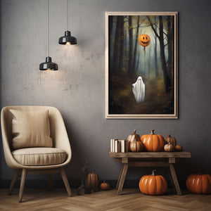 Ghost Holding A Pumpkin Balloon In The Forest, Halloween Poster, Art Poster Print, Dark Academia, Gothic Retro, Halloween Decor, Cute Ghost Poster