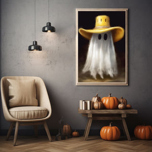 Cute Ghost Wearing Yellow Cowboy Hat Poster Print,Cowboy Art Poster, Art Poster Print, Haunting Ghost, Halloween Decor,Print Art Poster