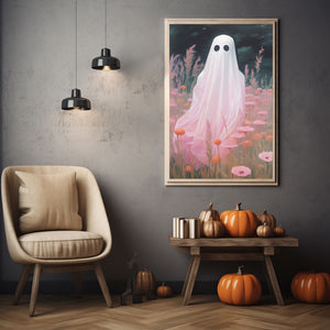 Pink Ghost In The Pink Flower Field Poster Print,Gothic Art Poster, Art Poster Print, Haunting Ghost, Halloween Decor,Pink Art Poster