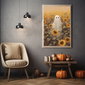 Ghost In The Sunflower Field Poster Print,Gothic Art Poster, Art Poster Print, Haunting Ghost, Halloween Decor,Fall Decor