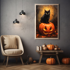 Cat On A Pumpkin Poster, Black Cat Art Poster Print, Dark Academia, Oil Painting, Witchy Decor, Halloween Poster