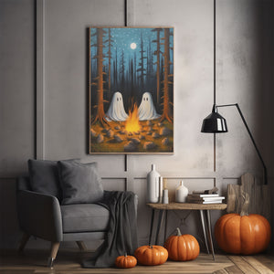 Two Ghost On Campsite Wall Art Print Poster, Halloween Poster, Art Poster Print, Dark Academia, Gothic Retro, Halloween Decor, Cute Ghost Poster