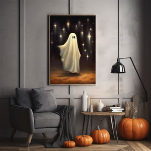 Ghost And Falling Stars Print Poster, Halloween Poster, Art Poster Print, Dark Academia, Gothic Retro, Halloween Decor, Cute Ghost Poster