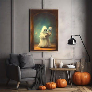 Ghost Holding A Smart Phone Print Poster, Halloween Poster, Art Poster Print, Dark Academia, Gothic Retro, Halloween Decor, Cute Ghost Poster