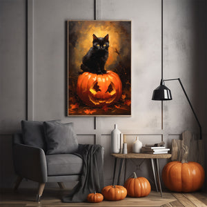 Cat On A Pumpkin Poster, Black Cat Art Poster Print, Dark Academia, Oil Painting, Witchy Decor, Halloween Poster