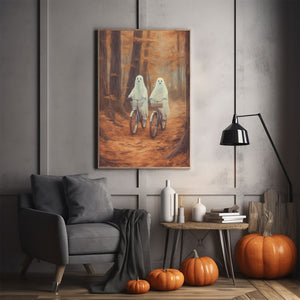 Ghost Riding A Bicycle Wall Art, Ghost Couple In The Forest Hanging Poster Canvas, Cycling In The Forest Canvas, Poster Happy Ghost