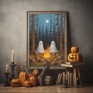 Two Ghost On Campsite Wall Art Print Poster, Halloween Poster, Art Poster Print, Dark Academia, Gothic Retro, Halloween Decor, Cute Ghost Poster