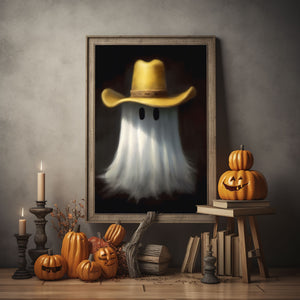 Cute Ghost And Cowboy Hat Poster Print,Cowboy Art Poster, Art Poster Print, Haunting Ghost, Halloween Decor,Print Wall Art