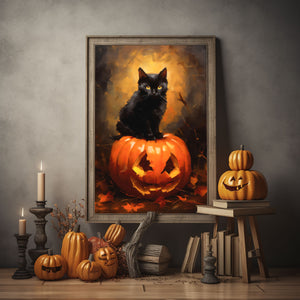 Cat On A Pumpkin Poster, Black Cat Art Poster Print, Dark Academia, Oil Painting, Witchy Decor, Halloween Poster