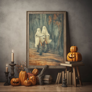 Ghost Couple Riding A Bicycle Wall Art, Ghost Couple In The Forest Hanging Poster, Cycling In The Forest Poster, Poster Happy Ghost, Halloween Decor