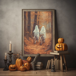 Ghost Riding A Bicycle Wall Art, Ghost Couple In The Forest Hanging Poster Canvas, Cycling In The Forest Canvas, Poster Happy Ghost