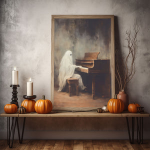 Ghost Playing The Piano Print Poster, Halloween Poster, Art Poster Print, Dark Academia, Gothic Retro, Halloween Decor, Cute Ghost Poster