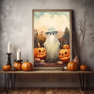 Ghost In The Pumpkin Patch Poster, Halloween Poster, Art Poster Print, Dark Academia, Gothic Retro, Halloween Decor, Cute Ghost Poster