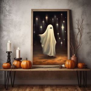 Ghost And Falling Stars Print Poster, Halloween Poster, Art Poster Print, Dark Academia, Gothic Retro, Halloween Decor, Cute Ghost Poster