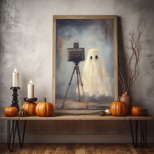 Cute Ghost Photographer Print Poster, Halloween Poster, Art Poster Print, Dark Academia, Gothic Retro, Halloween Decor, Cute Ghost Poster