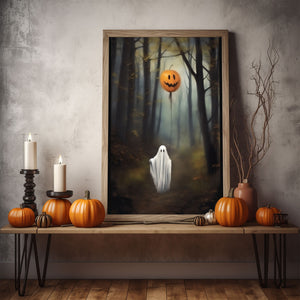 Ghost Holding A Pumpkin Balloon In The Forest, Halloween Poster, Art Poster Print, Dark Academia, Gothic Retro, Halloween Decor, Cute Ghost Poster