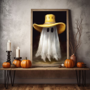 Cute Ghost Wearing Yellow Cowboy Hat Poster Print,Cowboy Art Poster, Art Poster Print, Haunting Ghost, Halloween Decor,Print Art Poster